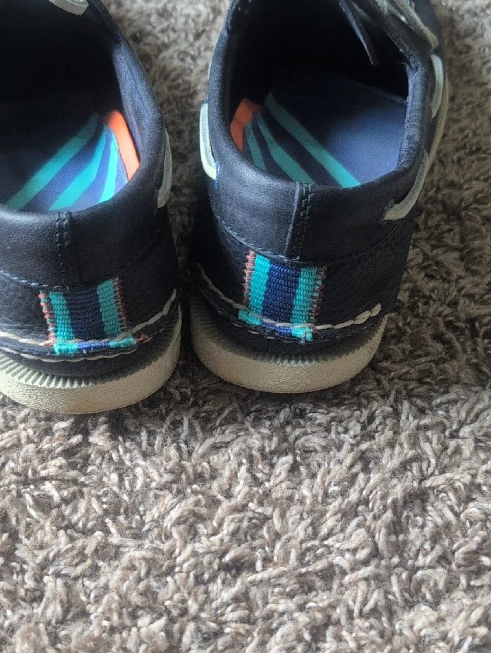 Sperry Navy Leather Boat Shoes with Cream Laces and Striped Insoles